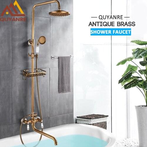 Quyanre Antique Brass Bathtub Shower Faucet Set Creamic Deco 30cm Long Nose Swivel Spout Commodity Shelf Wall Bath Shower System