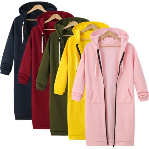 New 5 Colors Autumn Winter Pockets Plus Size Outwear Tops Women Casual Long Hoodies Sweatshirt Coat Zip Up Hooded Outerwears