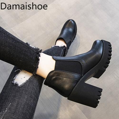 Womens Boots British Style Autumn and Winter New Chunky Hee Platform Fashion All-Match Short Boots Fleece-Lined High Heel Boots