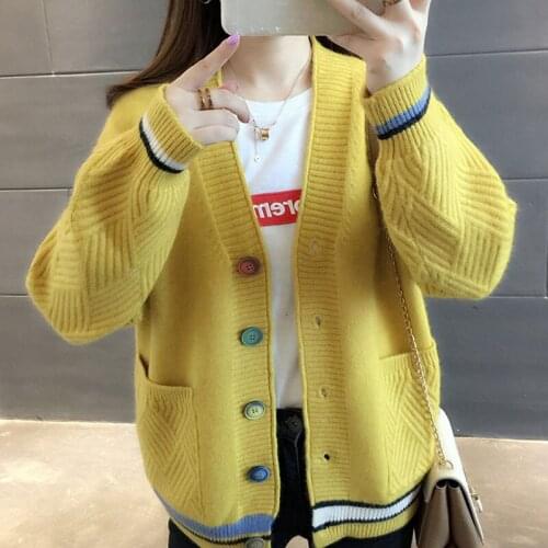 Women Yellow Sweater V-neck Single breasted Knit Cardigans Autumn Winter Red Black Sweater Big Pockets Korean Knitted Sweaters
