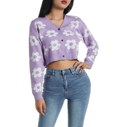 Women’s Casual Long Sleeve Cardigan Fashion Flower Pattern Single-breasted Knitted Coat Pullvers