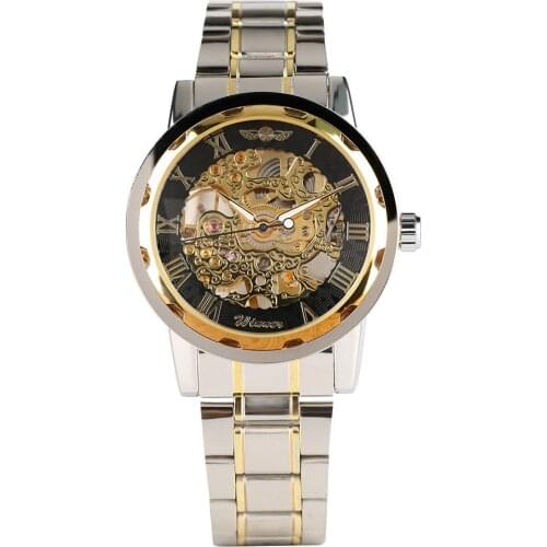 Mens Casual Hand-Wind Mechanical Wristwatches Roman Dial Stylish Skeleton Watch With Stainless Steel Case Watchband