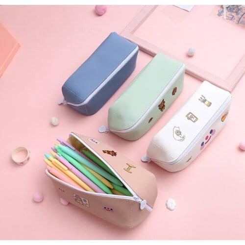 Solid Color Large Capacity Pencil Case PU Supplies Stationery Gift Tools Storage Back To School Presented