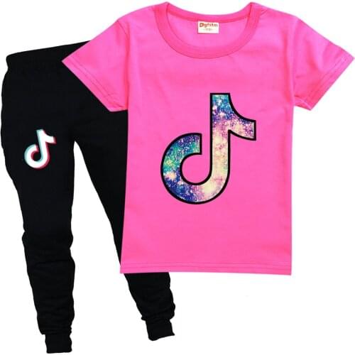 TIK TOK Girls Clothing Short Sleeve T-Shirt + Trousers Sportsuit Childrens Cartoon Short Sleeve Boys T-Shirt Clothing