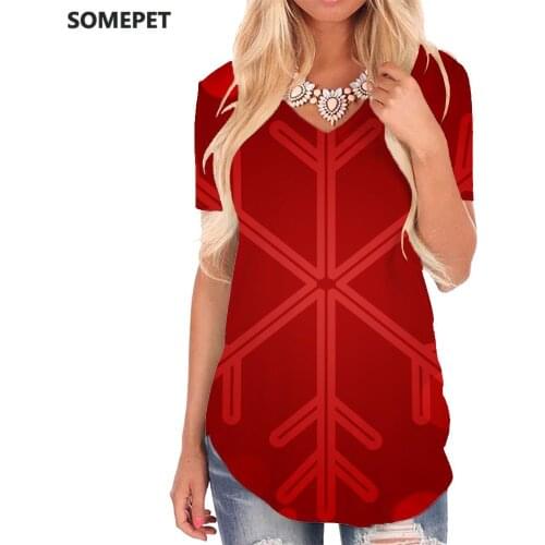 SOMEPET Christmas T Shirt Women Snowflake Funny T shirts Red Tshirts Printed Pattern V-neck Tshirt Womens Clothing Hip hop