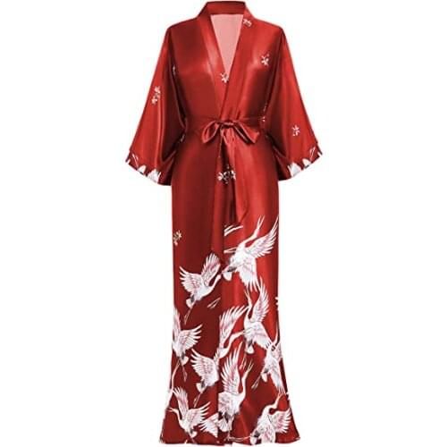 Print Crane Lady Kimono Bathrobe Gown Women Wedding Robe Loose Soft Satin Nightgown Sleepwear V-neck Long Novelty Nightwear
