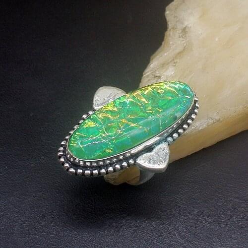 Hermosa Jewelry Unique Fantasy Green Dichroic Glass Silver Color Wedding Charms Band Ring For Women Men Size 7 FQ179