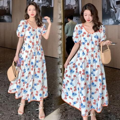 Pregnant Woman Summer Dress Fashion Printed French Style Backless Long Loose Maternity Dress Puff Sleeve Pregnancy Chiffon Dress