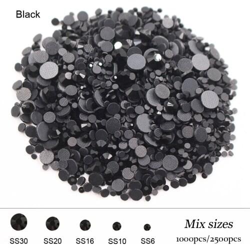 High Quality Rhinestone Hotfix DMC Jetblack SS6 SS10 SS16 SS20 SS30 Mix Size 2500PCS Rhinestone Iron on Strass Crystal Stone