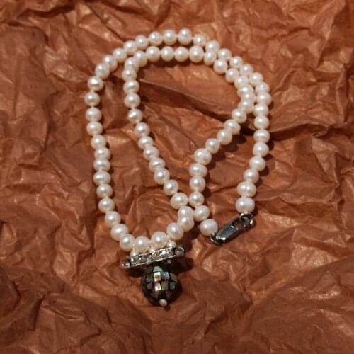 Lii Ji 6-7mm Real Pearl Choker Necklace White Pearl Abalone Shell Pendant Necklace 46cm Women Jewelry