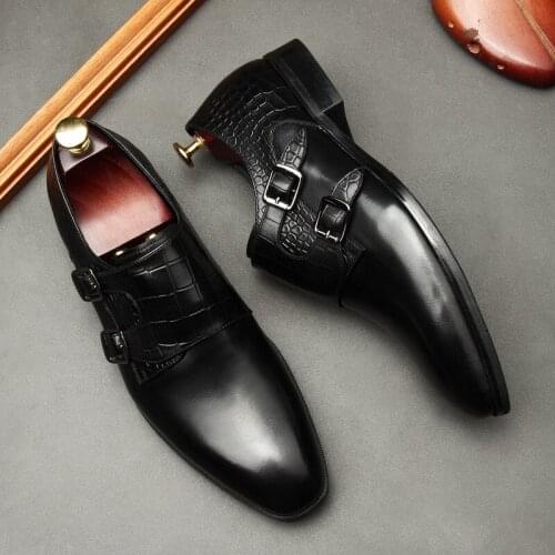 2021 Autumn Men Dress Shoes Luxury Genuine Leather Double Monk Strap Business Wedding Shoe Round Toe Black Oxford Formal Loafers