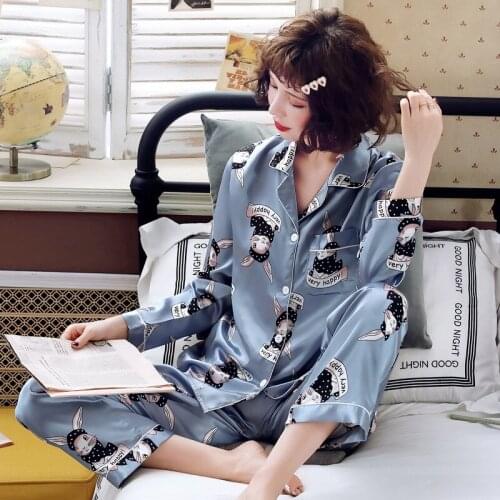 Faux Silk Satin Pajamas Set Autumn Women Sleepwear Long Sleeve Pajamas for Women Ladies Pyjamas Cartoon Nightwear Animal Pijimas