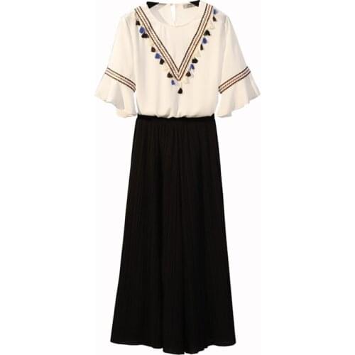 New Chiffon Two Piece Set Women 2021 Summer Slim Chiffon Tops & Wide Leg Pants Suit Set Ladies Large Size Loose Tracksuit L-4XL