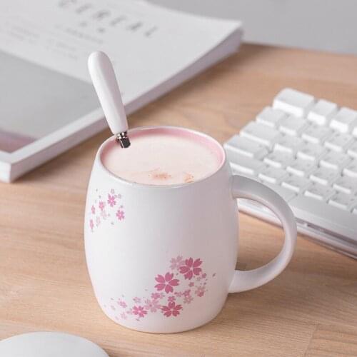 Original Cherry Blossom Cup Bucket Cup Pink Mark Cup Ceramic Cup Milk Cup Coffee Cup Spoon with Cover