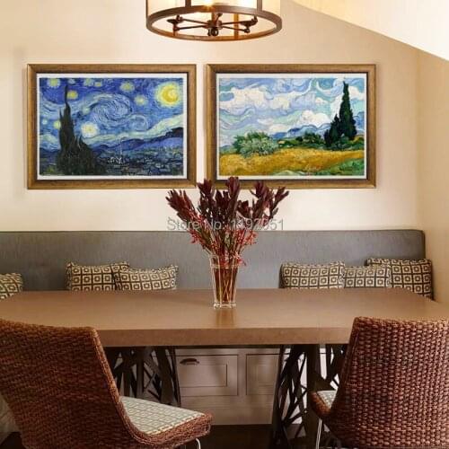 Scenery painting landscape mural print masterpiece reproduction starry night c1889 cypresses in wheat field by Vincent van Gogh