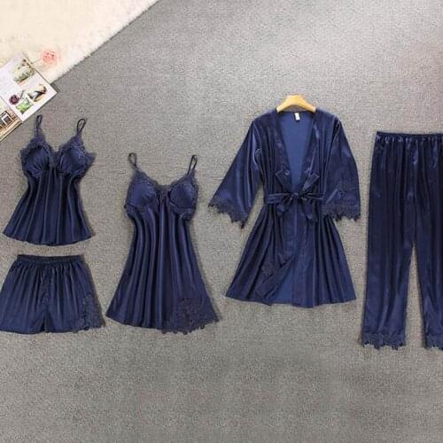 5 Pieces Satin Sleepwear Pajama Women Pajamas Silk Home Wear Home Clothing Lounge Pyjama with Chest Pads sleepwear