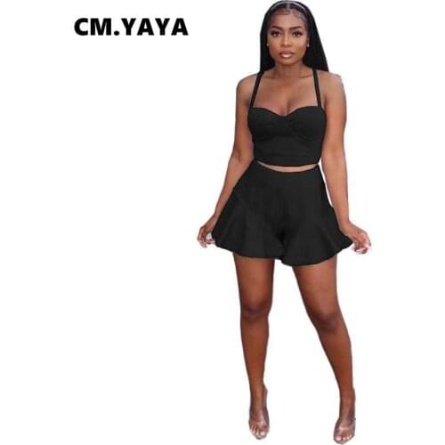 CM.YAYA Women Set Solid Sleeveless Strap Crop Tops Mini Flare Shorts Two 2 Piece Sets Sexy Fashion Streetwear Summer Outfits