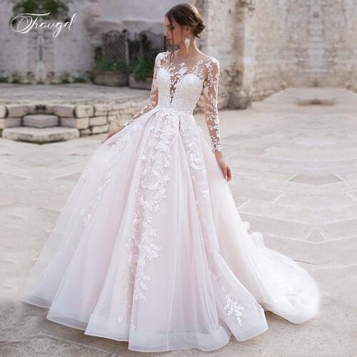 Traugel Scoop A Line Lace Wedding Dresses Applique Long Sleeve Button Bride Dresses Court Train Wedding Gown for Bride Plus Size