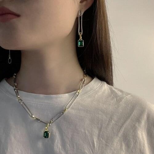 U-Magical Fashion Safety Pin Gold Silver Color Contrasted Green Rhinestone Pendant Necklace for Women Long Earring Jewellery