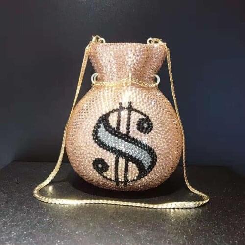 Rose Gold Dollar Purse Shape Womens Rhinestone Handbag Ladies Diamond Party Banquet Clutch Wallet Female Cocktail Evening Bags