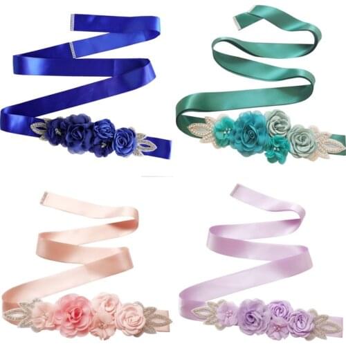 Womens Blue White Floral Flower Sash Rhinestone Beaded Ribbon Waistband Bridal Ribbon Cummerbunds Wedding Prom Dress Waist Belt