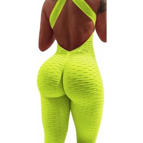 Womens Backless Yoga Sports Keyhole Sexy Back Fitness Trousers Jacquard Exaggerates Hips Jumpsuit