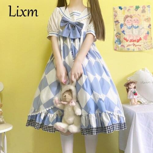 Sweet Blue Lolita Bowknot Ruffled Japanese Short Sleeve Dress Women Harajuku Sailor Collar Navy Dress