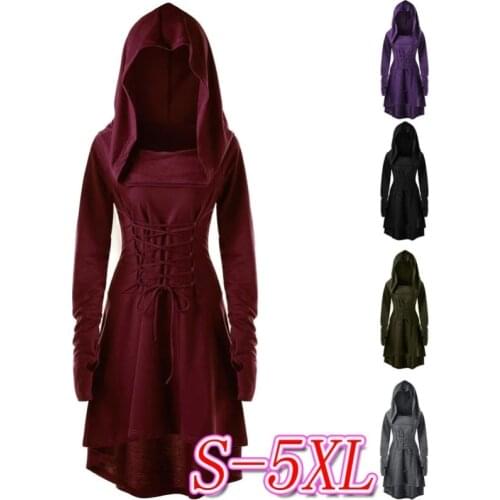 Women Medieval Gothic Hooded Dress Costume Women Corset Lace Up Gown Swallow Tail High Low Cut Tunic Halloween Mini Dress