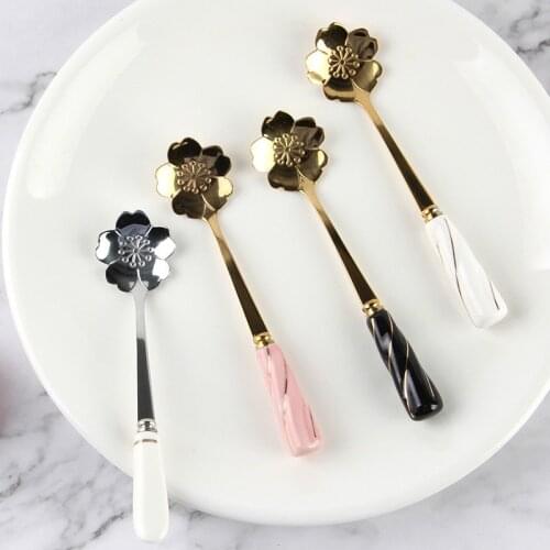 1PC Stainless Steel Ceramic Spoon Tableware Sakura Flower Gold Color Long Handle Dessert Coffee Milk Spoon Kitchen Tools 12cm