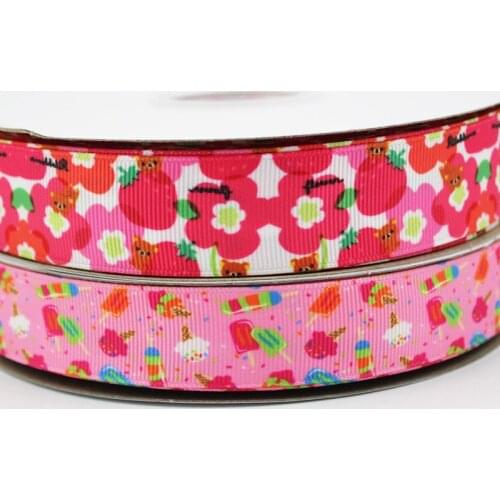 25mm Pink Ice cream and flower printed grosgrain ribbon blue ribbon DIY Hair Bow sewing supplies