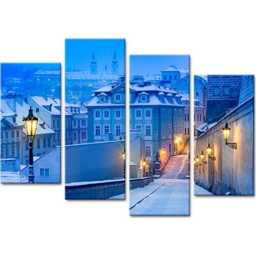 4 Piece Modern Canvas Painting Art Poster European City Winter Evening Painting Drawing Home Decor Living Room Mural Frameless