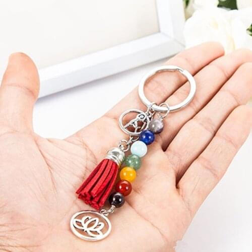 Bohemian Fashion Personality 7 Color Mixed Stone Chakra Beads Yoga Key Chain Ring Casual Jewelry Gifts