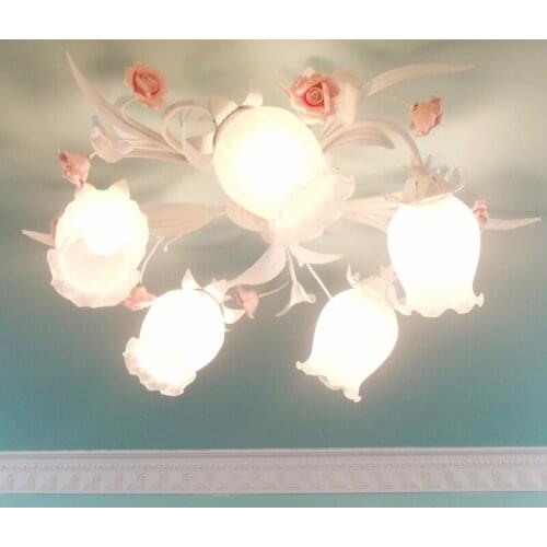 Europe style Princess ceramic rose flower glass lampshade Ceiling Light for Living Room Bedroom