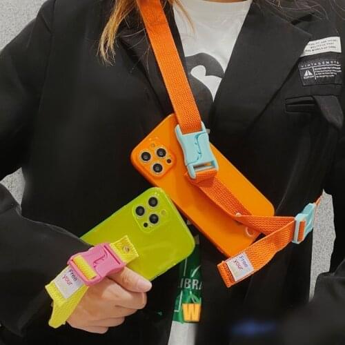 Fluorescence Silicone Crossbody Wrist Case For iPhone 11 12 Pro Max 12MiNi X XS XR 7 8 Plus SE 2020 Case Soft Clear Long Lanyard