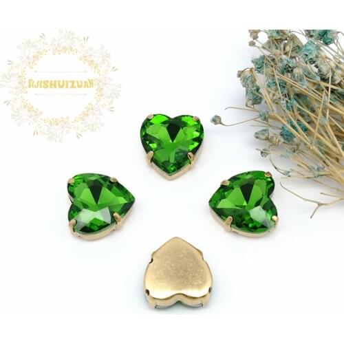 Emerald Heart shape Crystal Glass Sewing Rhinestones with gold Claw Rhinestones for Diy wedding Dress and Bags