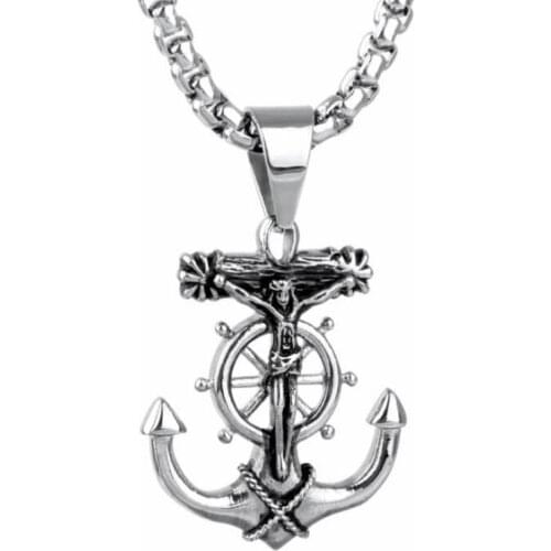Classic Punk Christian Jesus Cross Gold Plated Rudder Anchor Pendant Necklace Religious Style Prayer Amulet Jewelry