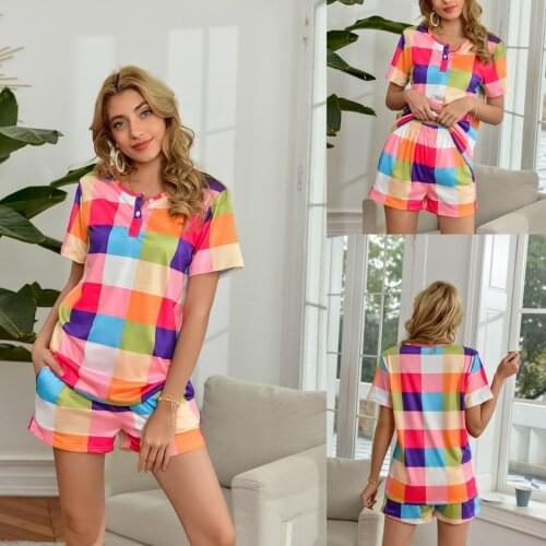 Summer Matching Sets Woman Short Sets Womens Clothing Plaid Print Round Neck Fashion Casual Autumn Female Loose Big Size C2530