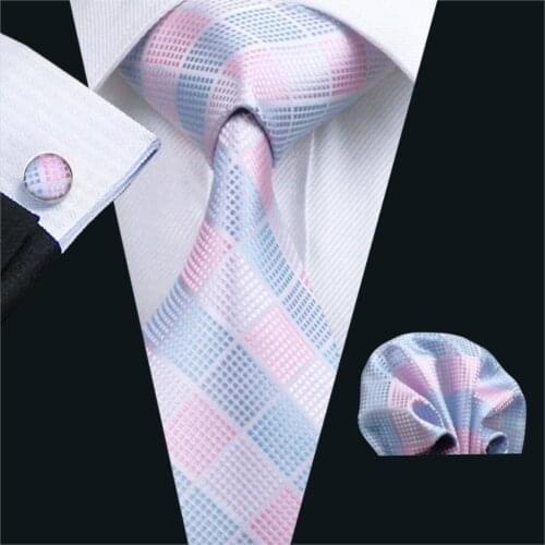 FA-1198 Men`s Ties Pink Plaid Gravata Silk Neck Tie Hanky Cufflinks Set Ties For Men Business Wedding Party Free Shipping
