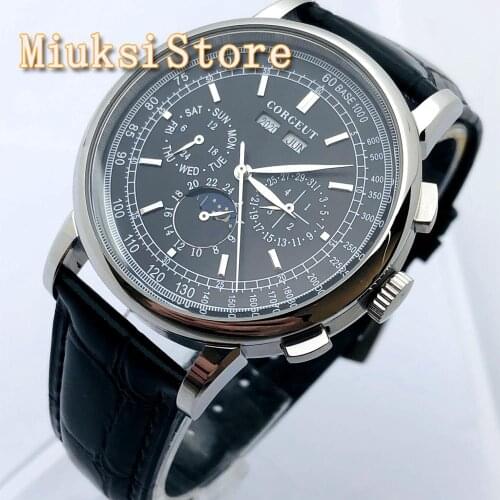 Corgeut 42mm Mens Top Casual Business Watch Silver Case Black Dial Moon Phase Year Day Month Week Mens Automatic Watch