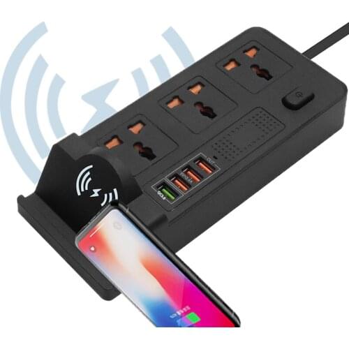 Desktop Socket with Wireless Charger 2USB + Quick Charge QC 3.0 Charging Station 3AC Universal Socket Power Switch 2Meters Cable