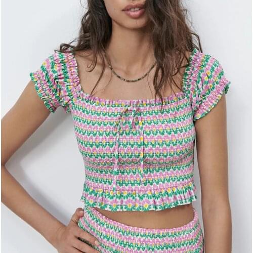 New arrivals ladies summer floral print tops slim sexy elastic tops fashion tops