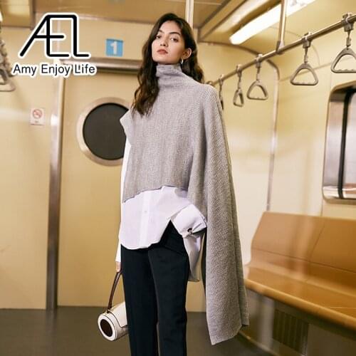 AEL Asymmetry Sweater Pullover Spring Women Advance Short Sleeve Cape Sweater Turtleneck Gray Streetwear
