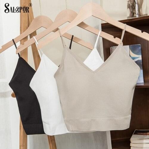 SALSPOR Seamless Tank Top Women Sexy V-Neck Fixed Chest Pad Camis Solid Beautiful Back Breast Wrap All-Match Camisole