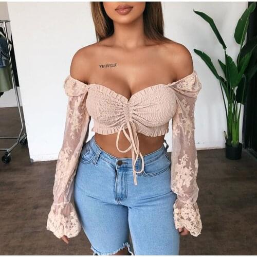 Hirigin Sexy Lace Embroidery Off Shoulder Blouse Ruffle Pleated Short Women Tops Summer Basic Floral Print Bandage Casual Blouse