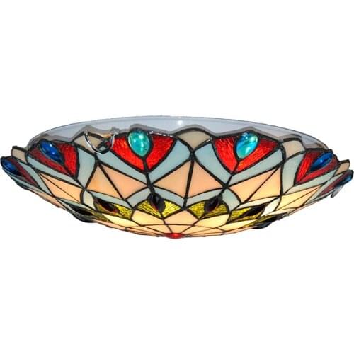 European Style Peacock Tail Flush Mount Lights 16" Vintage Tiffany Stained Glass Ceiling Lamp For Bar Kitchen Dining Room CL268