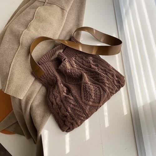 Vintage Wool Knitted Women Shoulder Bag Designer Woven Crossbody Bags Casual Female Shopper Bag Large Capacity Tote 2021 Winter