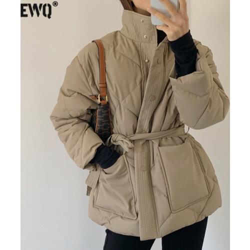 [EWQ] 2020 Winter Thick Minimalist Stand Collar Long-sleeved Women Loose Jackets Solid Color Lace Up Cotton Padded Clothes 8Q518