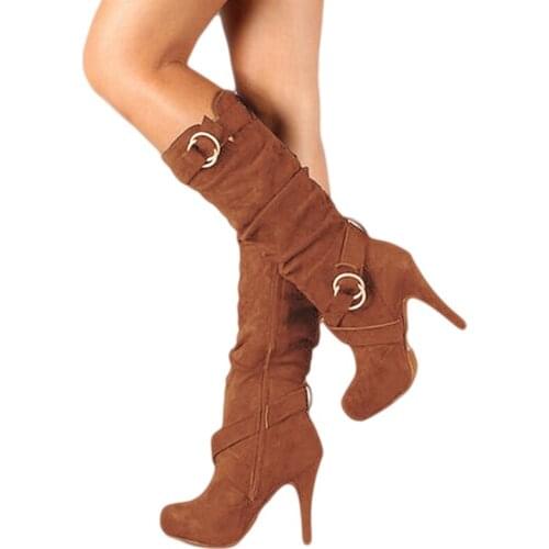 2019 New Fashion Boots Sexy Lady High Heels Knee High Boots Faux Suede Leather Women Plus Size Shoes Woman Boots 402142