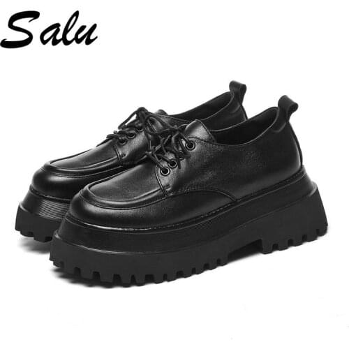 Salu Shallow Platforms Thick Heels Pumps Genuine Leathder Cross Tied Women Shoes 2021 New Summer Autumn Casual Shoes Woman