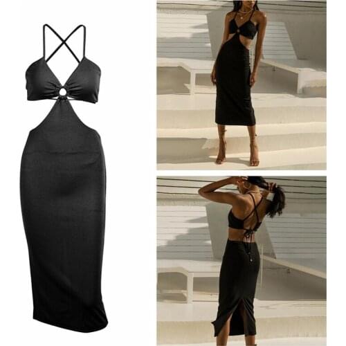 Women’s Sexy Suspender Mid-length Dress Fashion Solid Color V-neck Backless Tight Dress